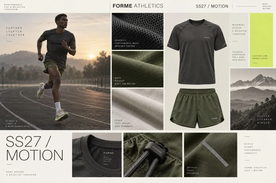 Cropped Lifecycle SS27 board showing an athletic clothing concept, fabric details and colour palette