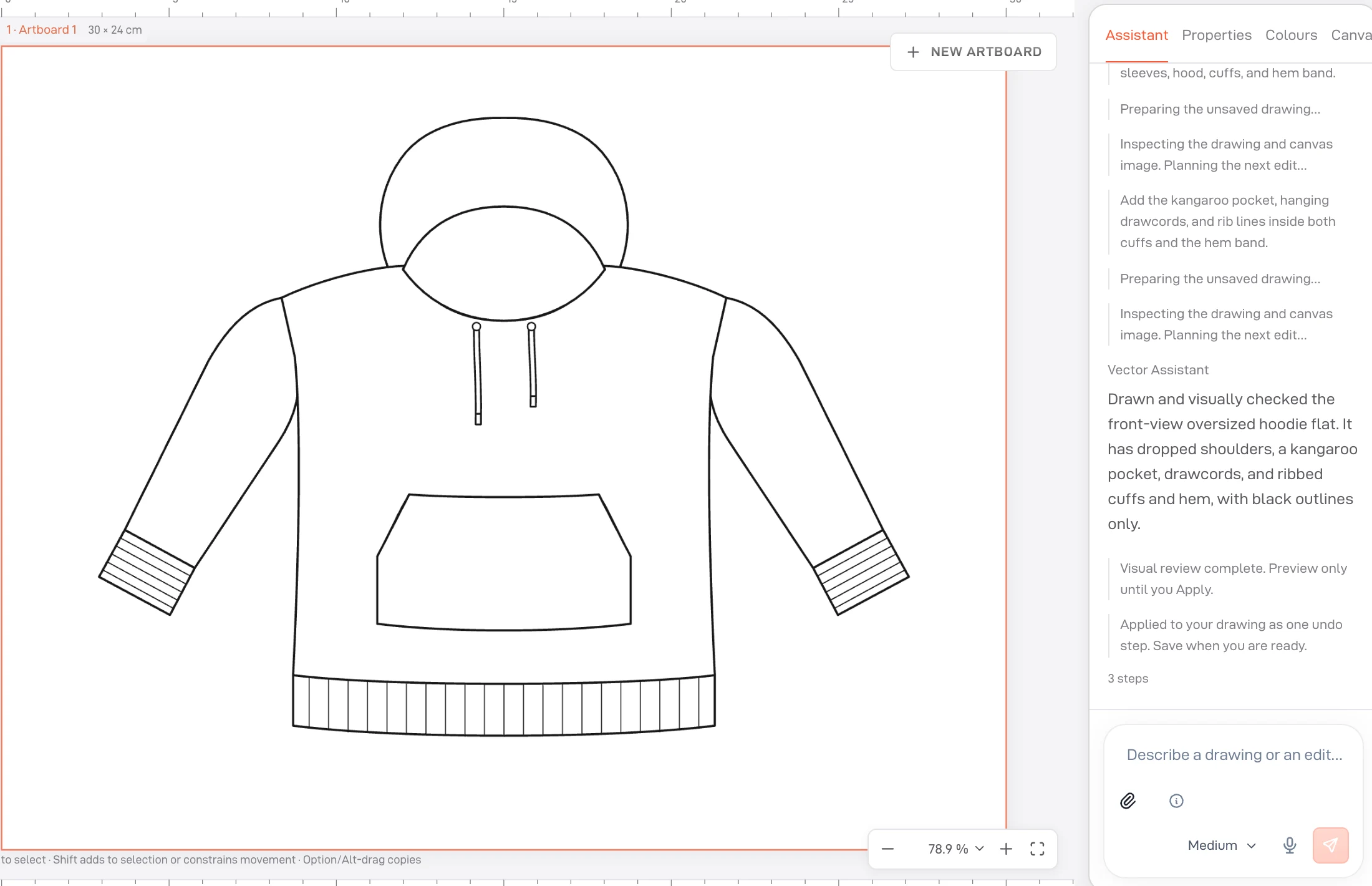 Cropped Lifecycle Vector Studio example with an editable hoodie drawing and AI assistant