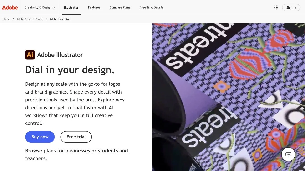 Adobe Illustrator official website showing its design product