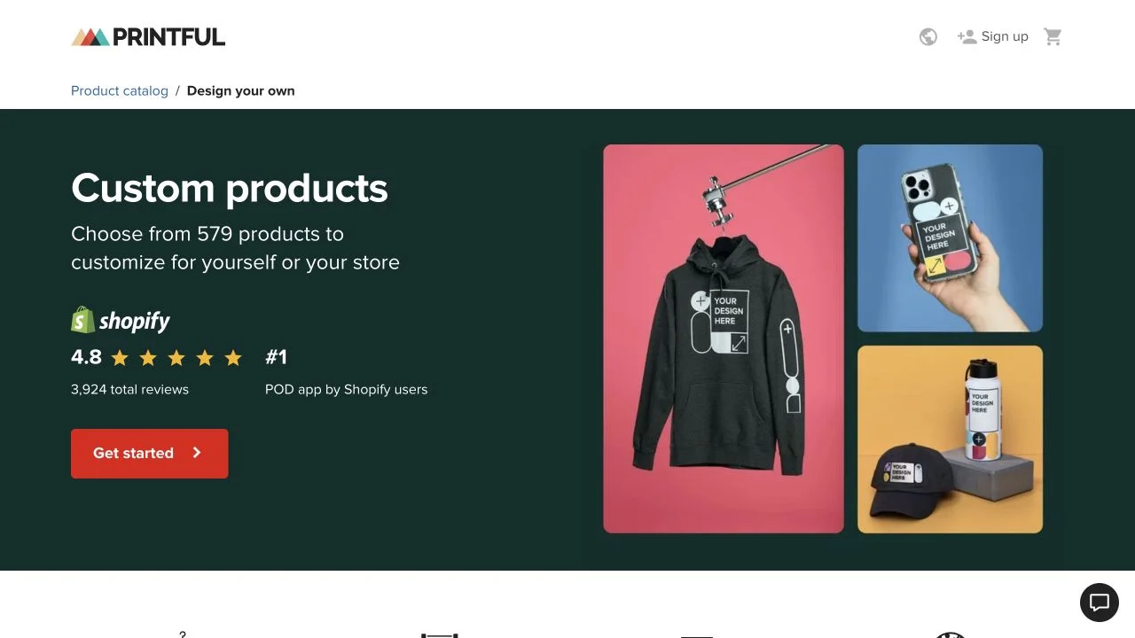 Printful official website showing its design product