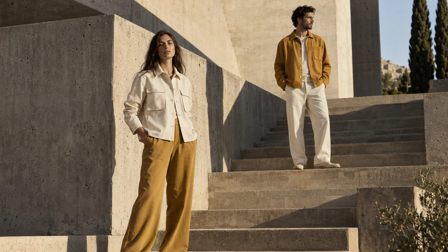 Fashion campaign illustration: coordinated cream and ochre utility clothing on sunlit concrete steps