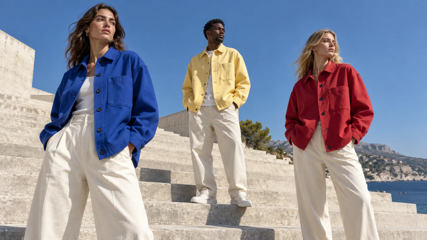 Fashion campaign illustration: a coordinated overshirt collection in three colourways