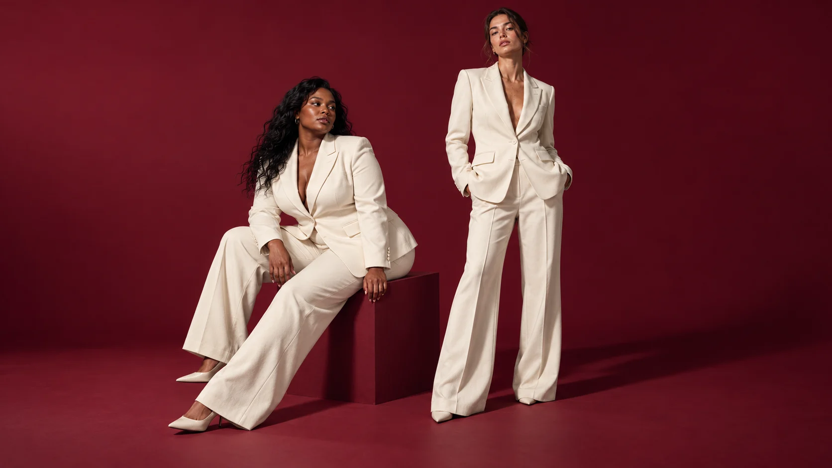 Fashion campaign illustration: two models wearing ivory tailoring against burgundy