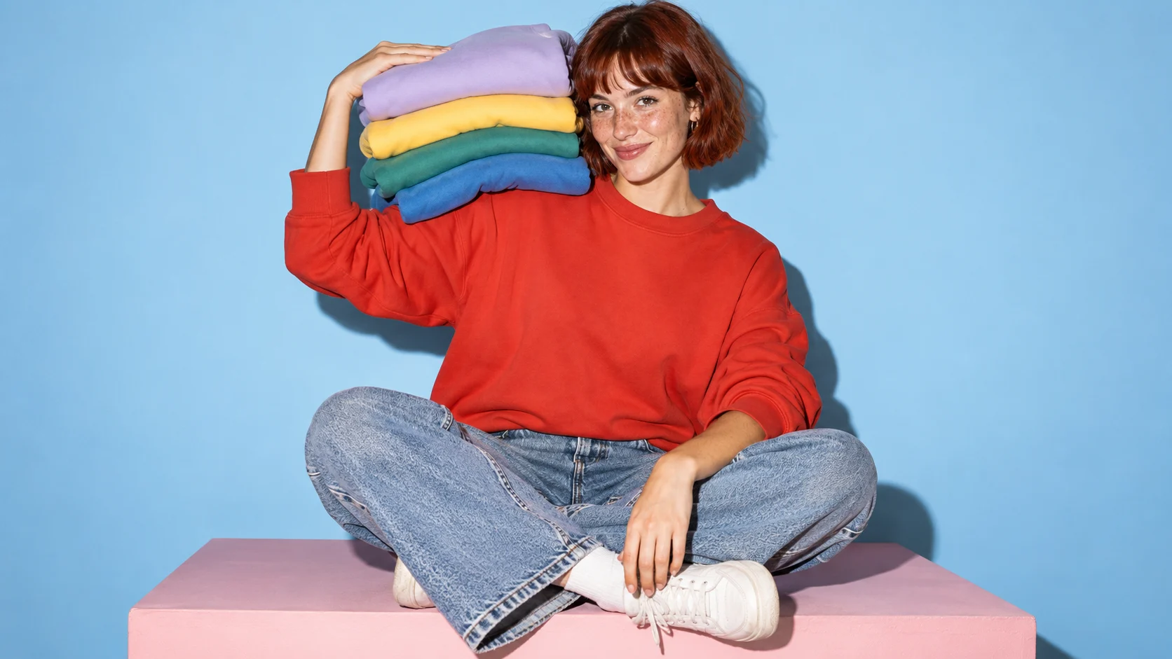 Fashion campaign illustration: red sweatshirt and a stack of colourful garments against blue