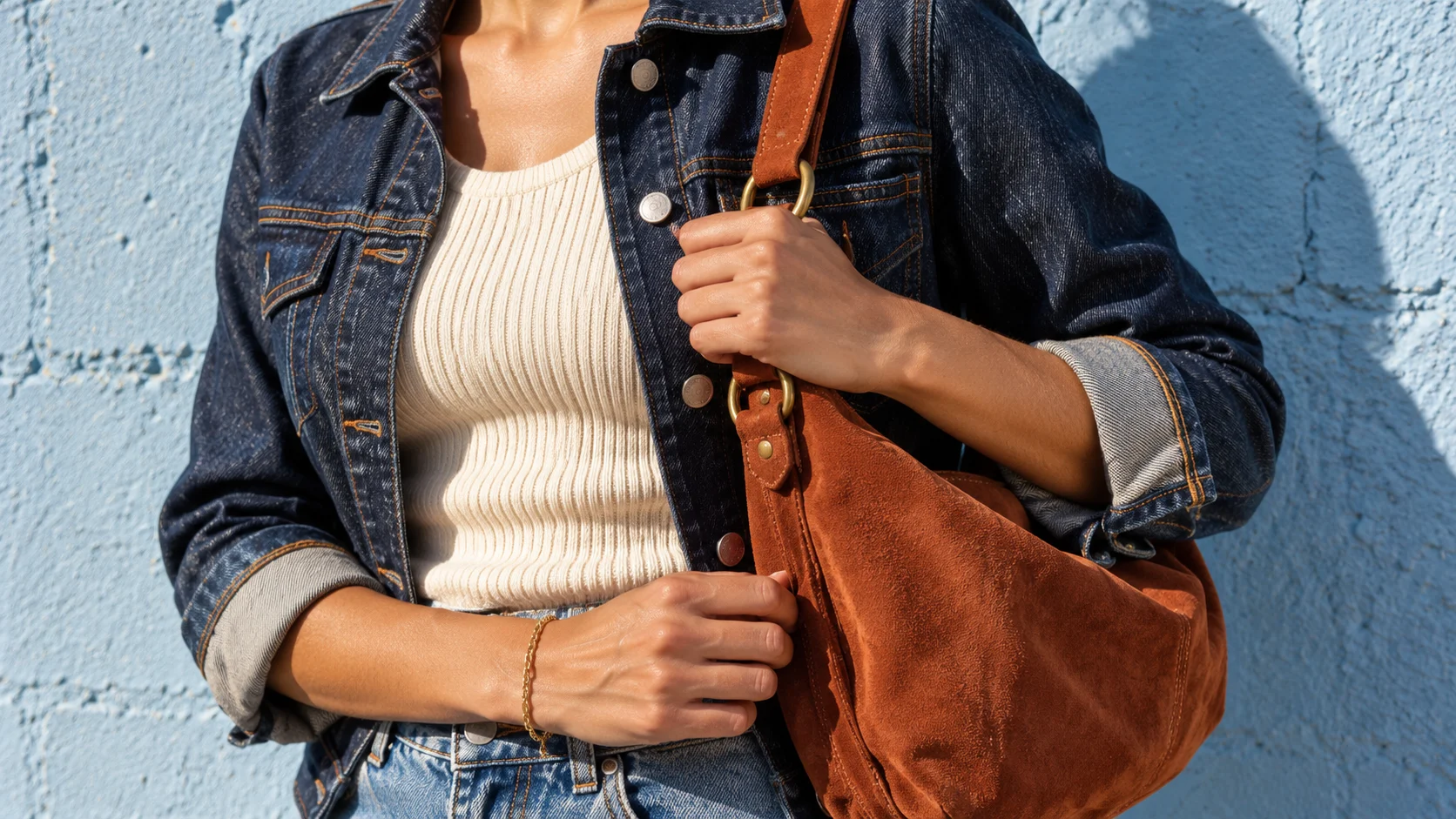 Fashion campaign illustration: denim seams, ribbed knit and suede bag details