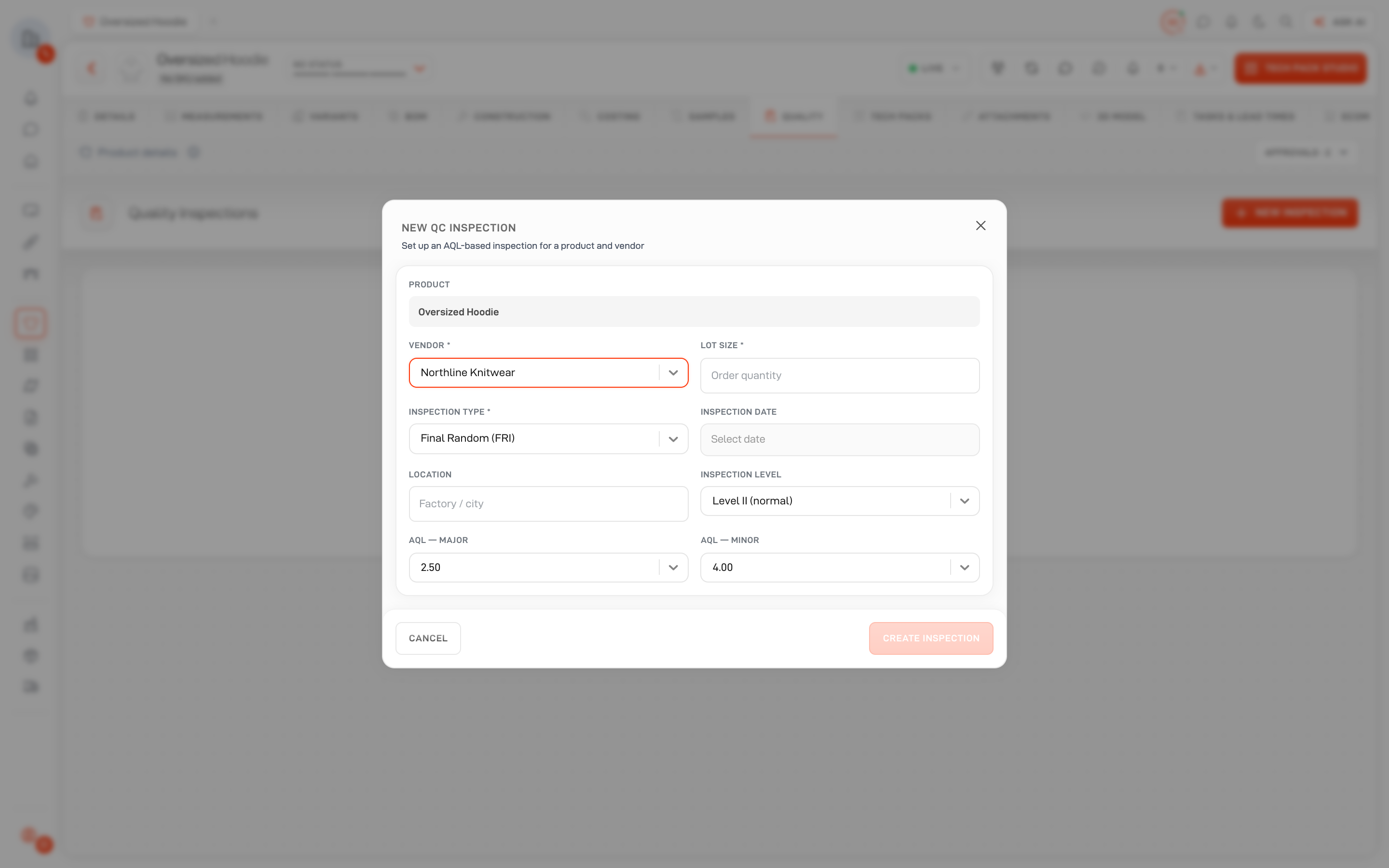 Lifecycle New QC Inspection dialog with lot size, inspection type, AQL settings and sampling plan preview