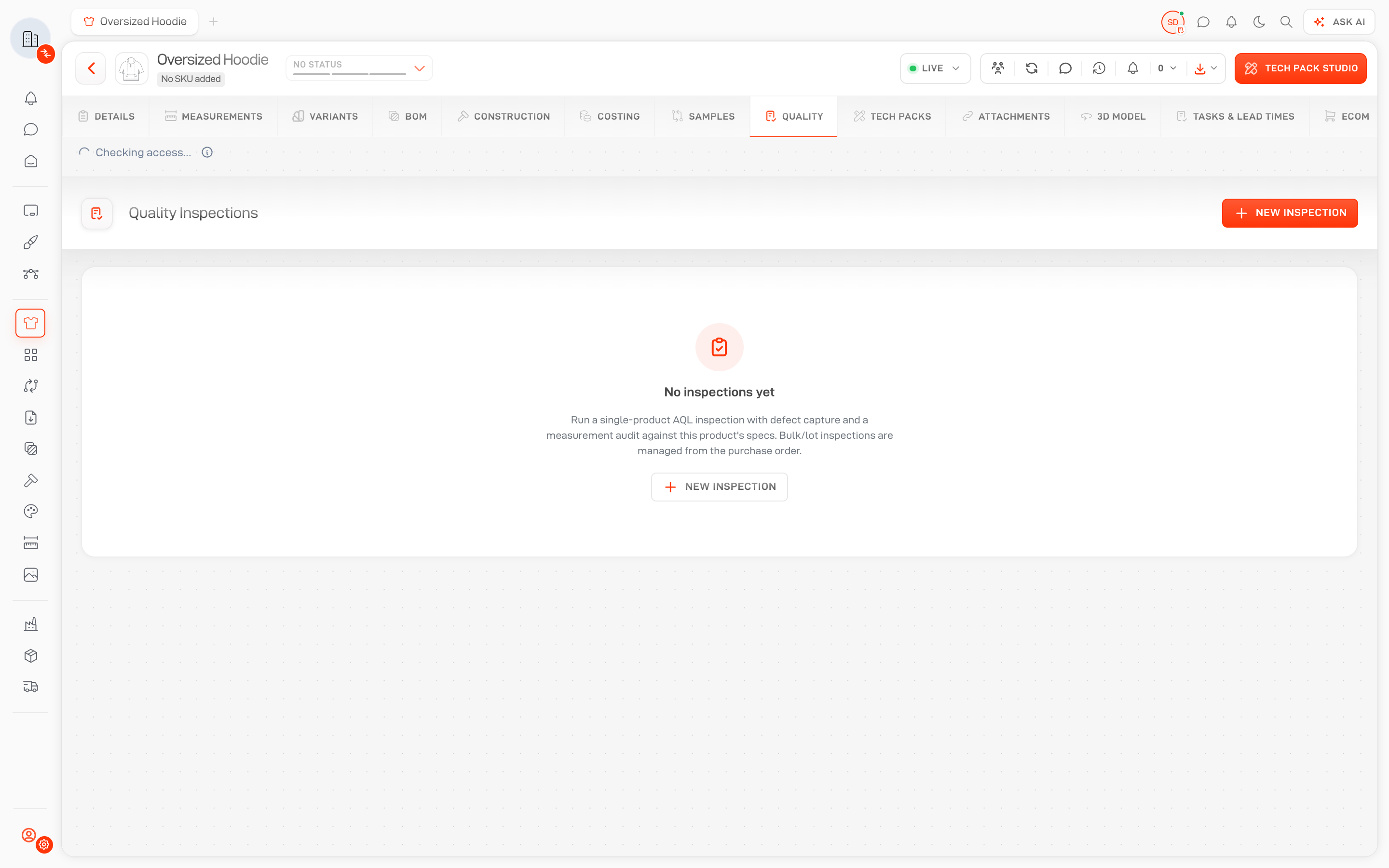 The Quality Inspections workspace on a Lifecycle product, with controls to create an inspection