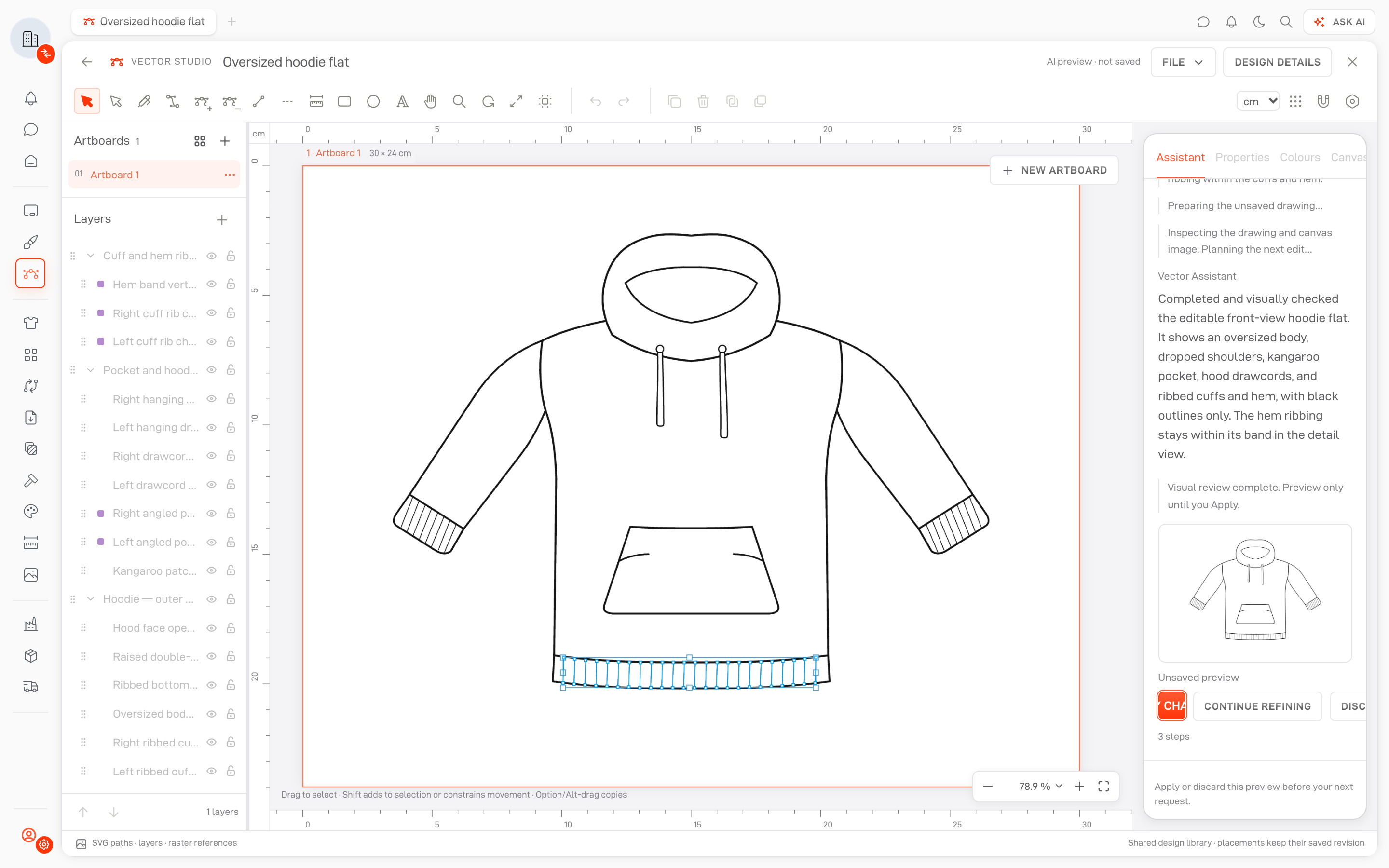 An AI-generated hoodie flat in Vector Studio's unsaved preview, with editable paths and review controls