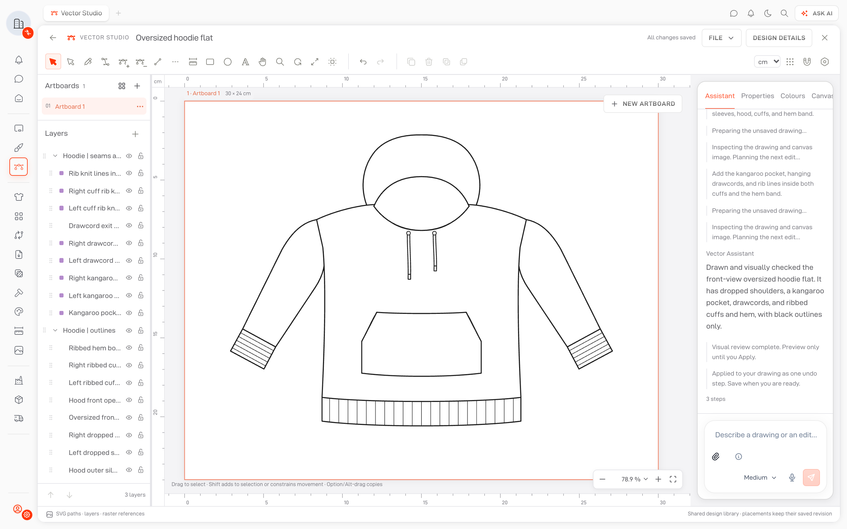 Lifecycle Vector Studio showing an editable hoodie flat, its layers and the Vector Assistant