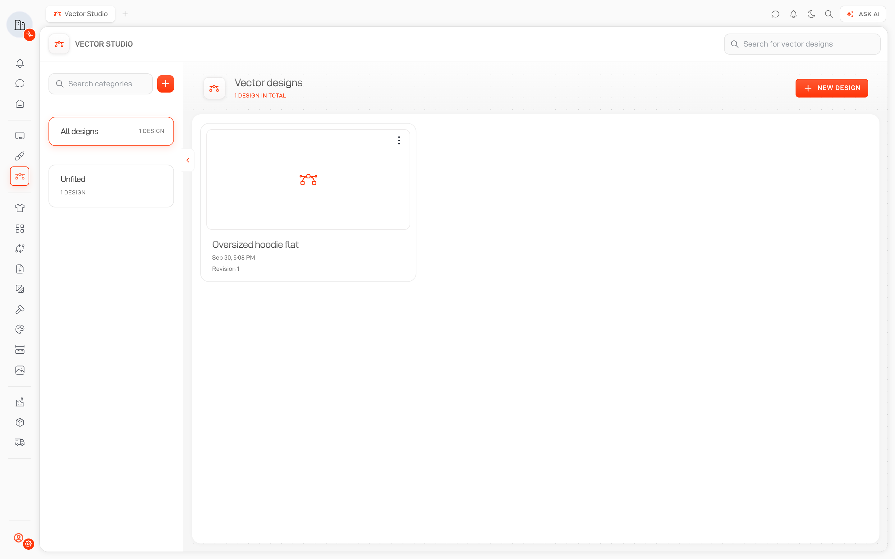 Lifecycle Vector Studio design library with a saved hoodie design and category navigation