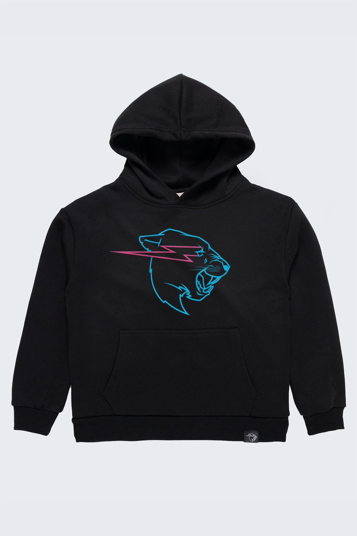 Black MrBeast hoodie with a blue and pink beast logo