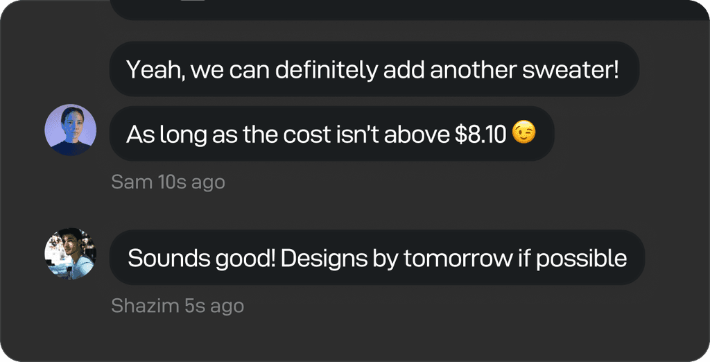 Team and supplier comments attached to the tech pack