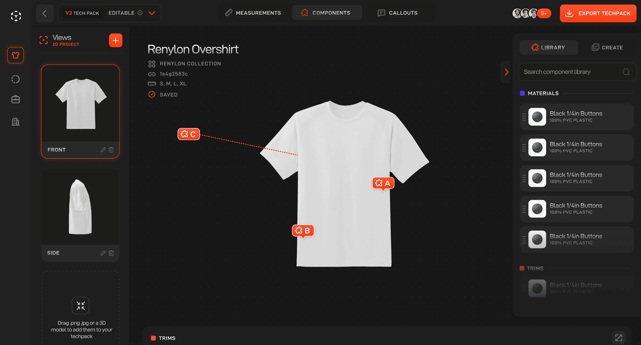 Lifecycle live tech pack with product components and annotations