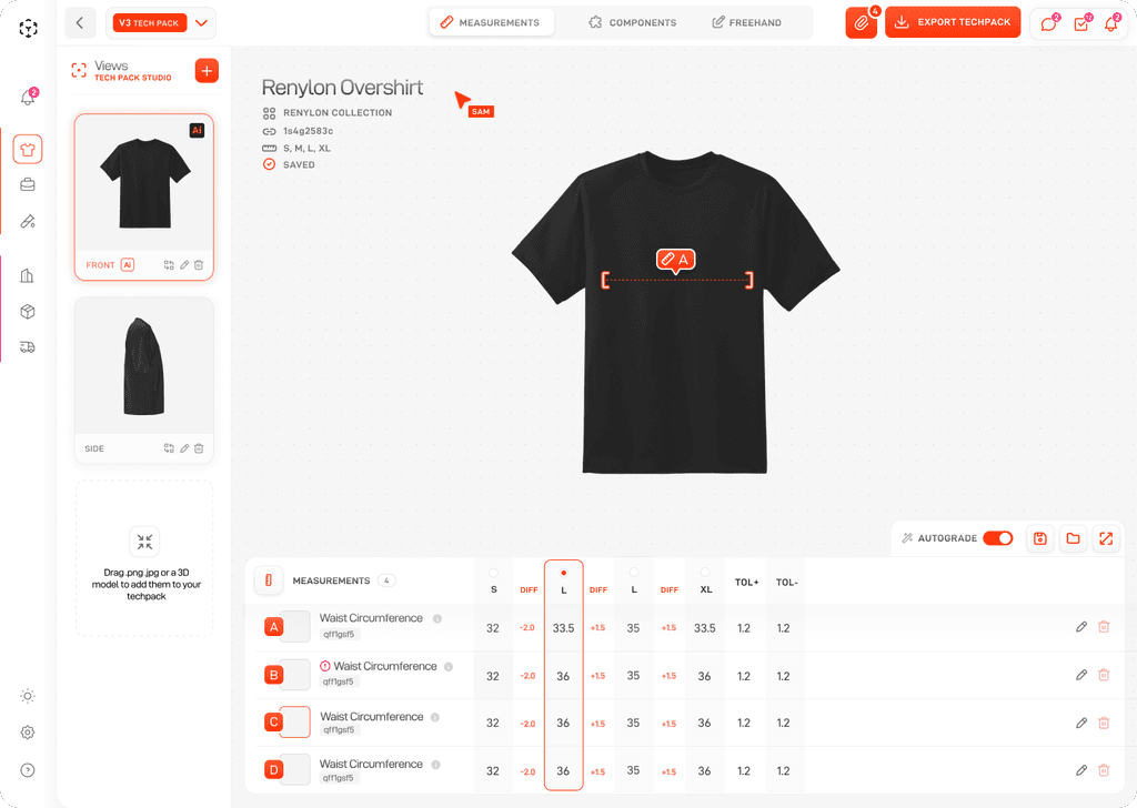 Lifecycle tech pack workspace with garment annotations, measurements, and auto-grading
