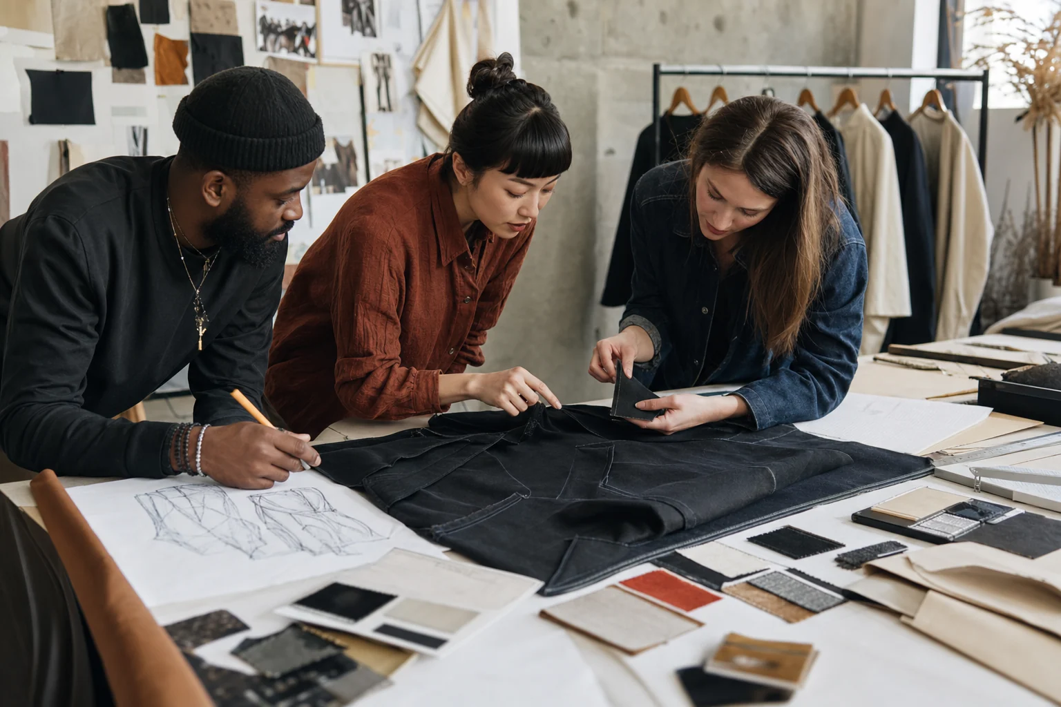 Fashion design team collaborating around a garment prototype