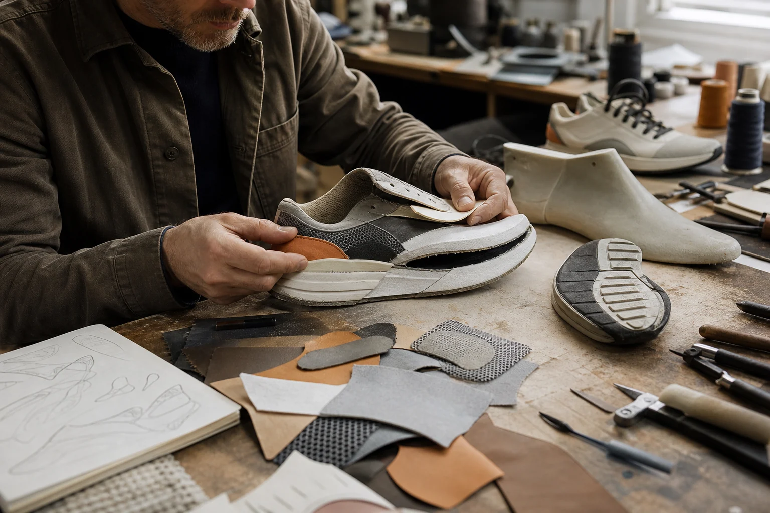 Footwear developer reviewing a prototype shoe and material components