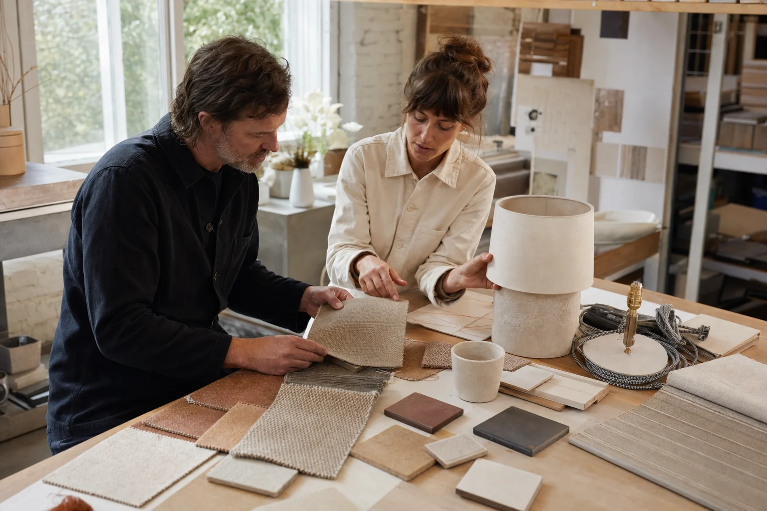 Homeware product developers reviewing textiles and finish samples
