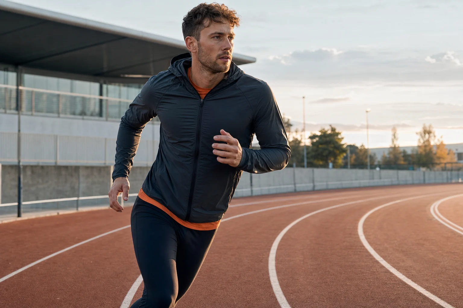 Athlete training in contemporary performance sportswear on a running track